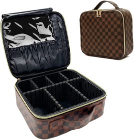 Brown Portable Checkered Makeup Bag