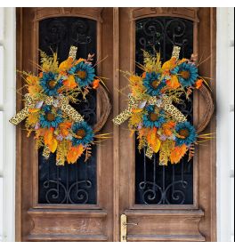 Thanksgiving Blue Sunflower Wreath Patio Leopard Ribbon Deadwood Door