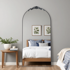 Wooden arched mirror  with stand.