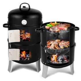 Vertical Steel Charcoal Smoker, Heavy Duty Double Layer Round BBQ Grill