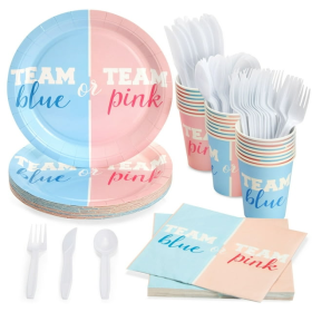 144 Piece Gender Reveal Plates, Napkins, Cups, Cutlery,