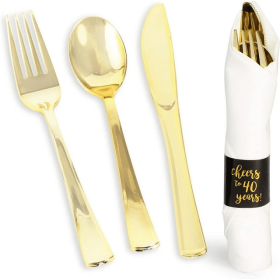 Serves 12 Gold Plastic Silverware Set with Napkin