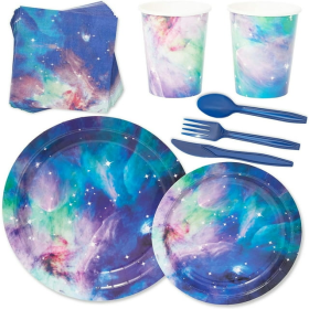 Galaxy Party Supplies with Paper Plates, Napkins, Cups, and Cutlery