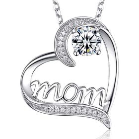 Heart-Shaped Inlaid Rhinestone Mom Pendant Necklace (Color: White)