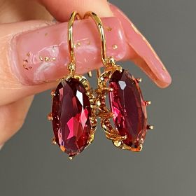 18K Gold Plated Chic Bridal Wedding Dangle Earrings Oval Faux (Color: Red)