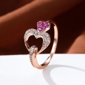 Delicate Double Heart Shape Ring, Pink Zircon 18K Gold (Color: Rose Red, size: 8)