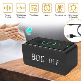 Digital Alarm Clock Qi-Wireless Charger Time Temperature (Color: BLACK)