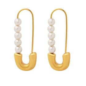 Safety Pin Hoop with imitation pearl Earrings (Color: Gold)