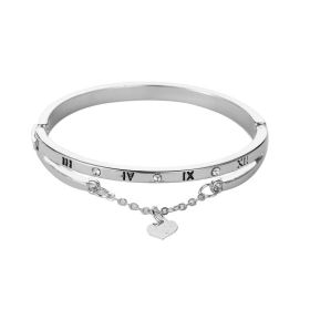 Roman Numeral Accents Bracelet with Heart Pendant, Bangles (Color: Silver)