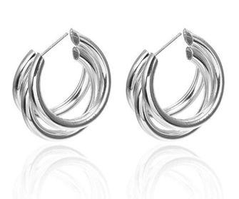 C Shaped Multi-Layer Hoop Earrings Stud Geometric (Color: Silver)