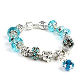 Snake Chain Bracelet Silver-Toned Glass Crystal Beads (Color: Blue)