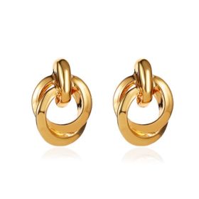 Women Eardrop Earrings Post Double Round Twisted Stud Earrings (Color: Gold)