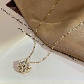 Magnetic Folding Heart Shaped Four Leaf Pendant Necklace (Color: Gold, Style: 1PC)