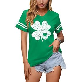 Spadehill St Patricks Day Women V-Neck Short Sleeve Shirt (Color: Green1, size: M)