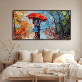 Hand Painted Original Couple Walking In The Rain Oil Painting Red Umbrella (Style: 01, size: 80x160cm)