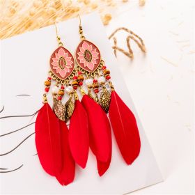 Women Faux Feather Earrings Bohemian Fringe Tassel Long Drop Dangle Earrings (Color: Red)