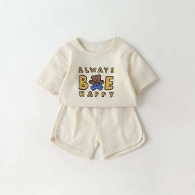 Baby Cartoon Bear & Slogan Waffle Fabric Tops, Shorts (Color: Beige, Size/Age: 80 (9-12M))