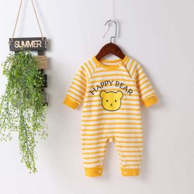 Baby Cartoon Bear & Striped Pattern Crotch Jumpsuit Romper (Color: Yellow, Size/Age: 90 (12-24M))