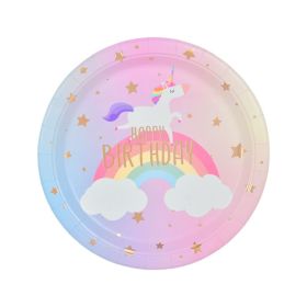 96PCS holographic unicorn matte gold happy paper plate (Color: Hot gold)