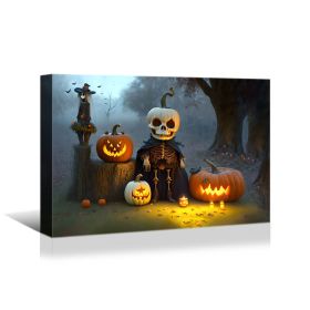 Framed Canvas Wall Art Decor Painting For Halloween, Skeleton with Jack (Color: as Pic)