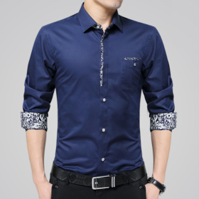 Mens Slim Fit Floral Details Sleeve Shirt (Color: NAVY, size: XS)