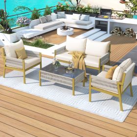 4-Piece Rope Patio Furniture Set (Color: Beige+yellow)